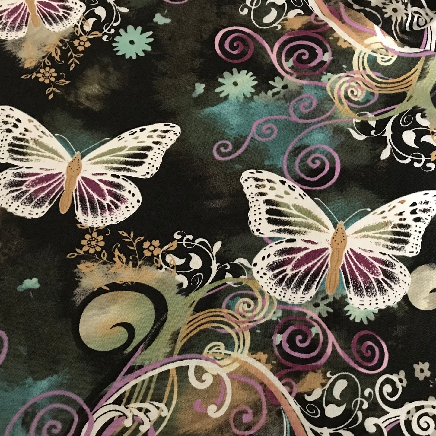 Skirt - Elastic Waist, 100% Cotton, Black Background with White Butterflies, Circular Skirt