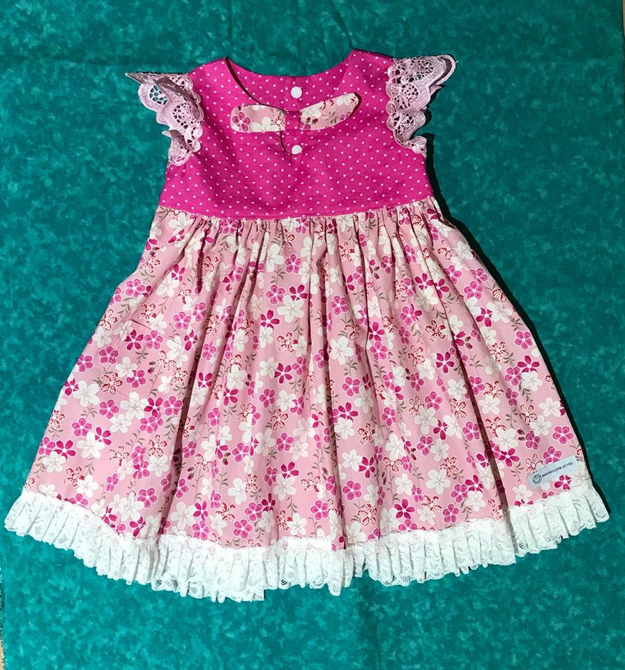 Dress - Maddie - Bright Pink Bodice, Pink Frangipani Skirt with Light Pink Lace Flutters and Lace/Pom Pom Hemline