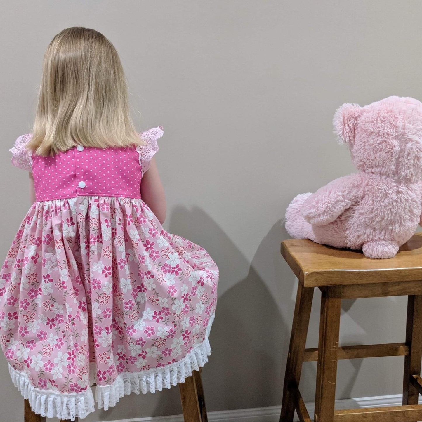 Dress - Maddie - Bright Pink Bodice, Pink Frangipani Skirt with Light Pink Lace Flutters and Lace/Pom Pom Hemline