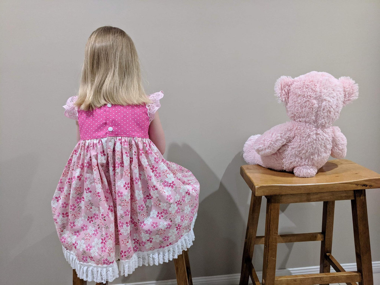 Dress - Maddie - Bright Pink Bodice, Pink Frangipani Skirt with Light Pink Lace Flutters and Lace/Pom Pom Hemline