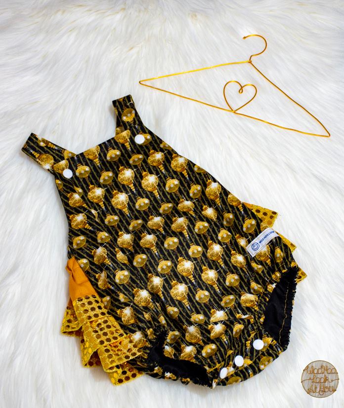Romper - Christmas - Golden Christmas Baubles and Golden Sequin Ruffled Bottom