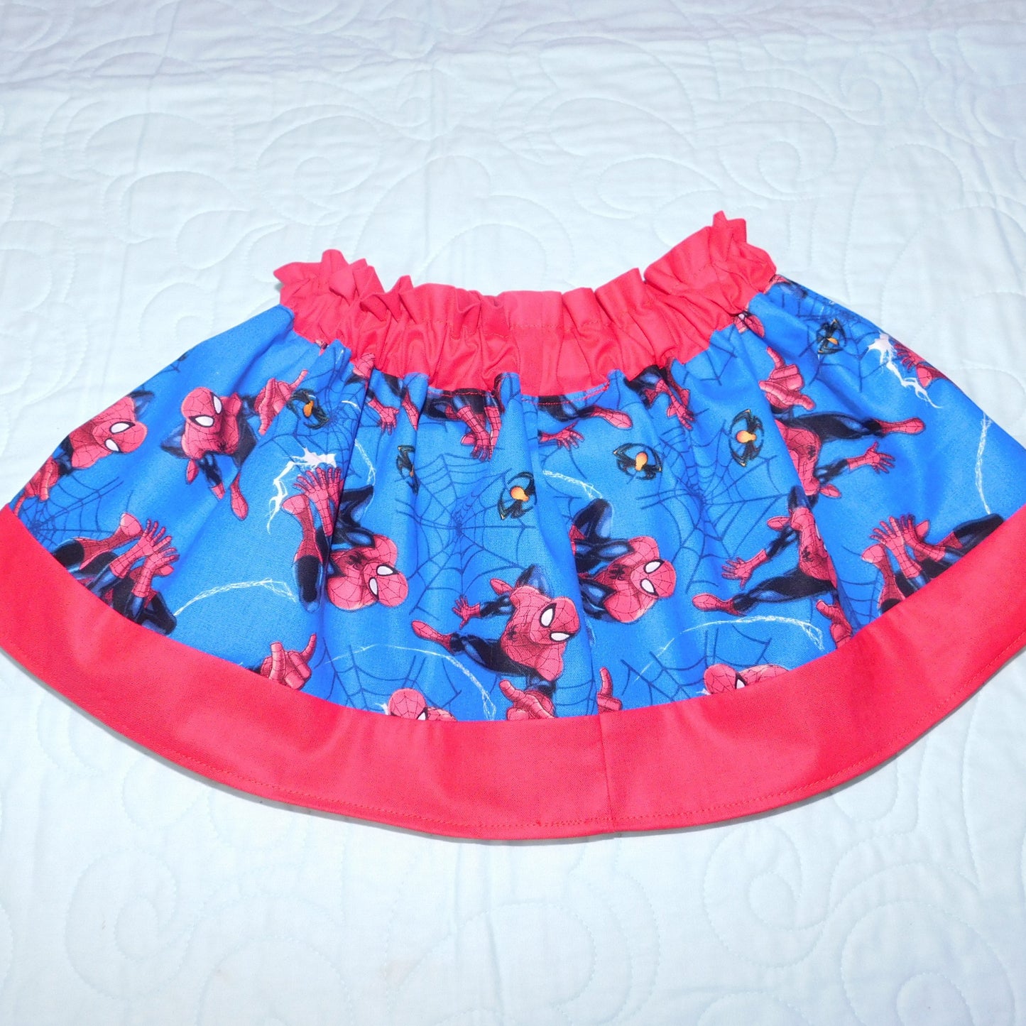 Skirt - High Waisted - Tadah Paper Bag Skirt, Toddler Webbed Superhero on Blue Background with Red Waist and Hemline