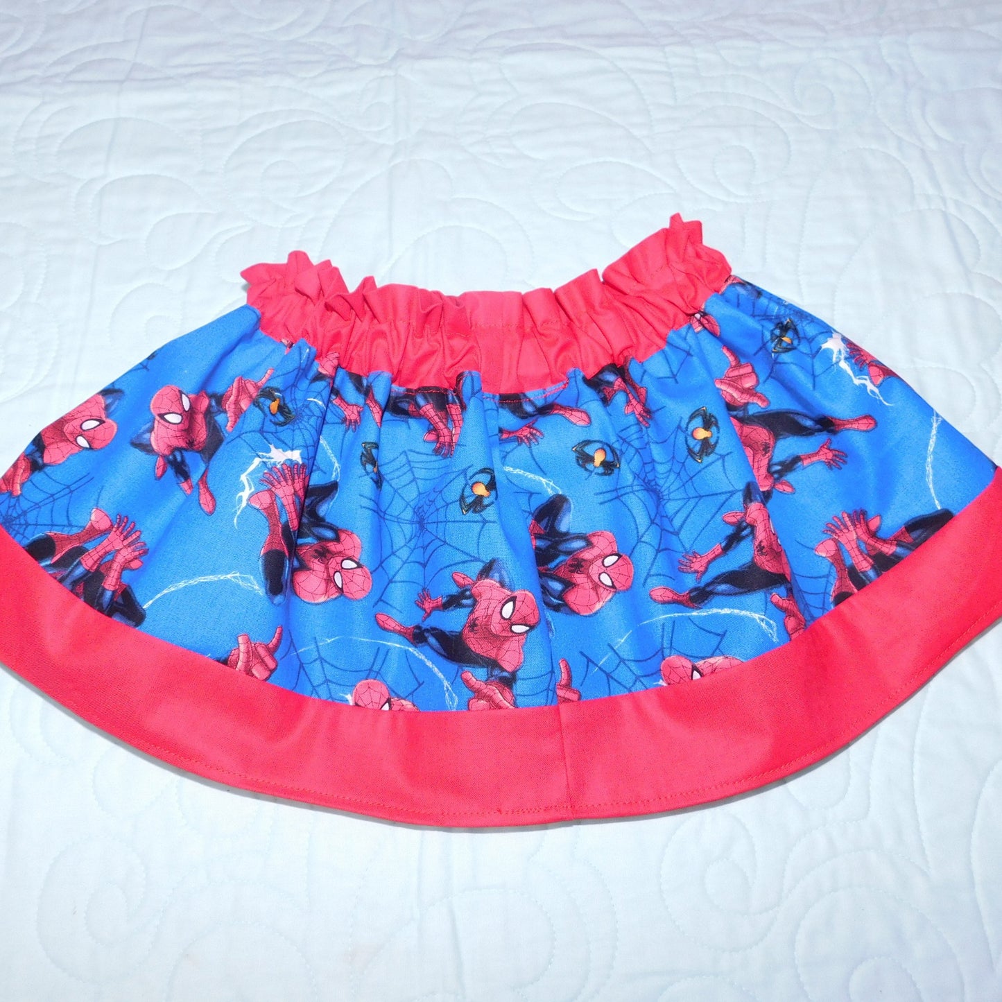 Skirt - High Waisted - Tadah Paper Bag Skirt, Toddler Webbed Superhero on Blue Background with Red Waist and Hemline