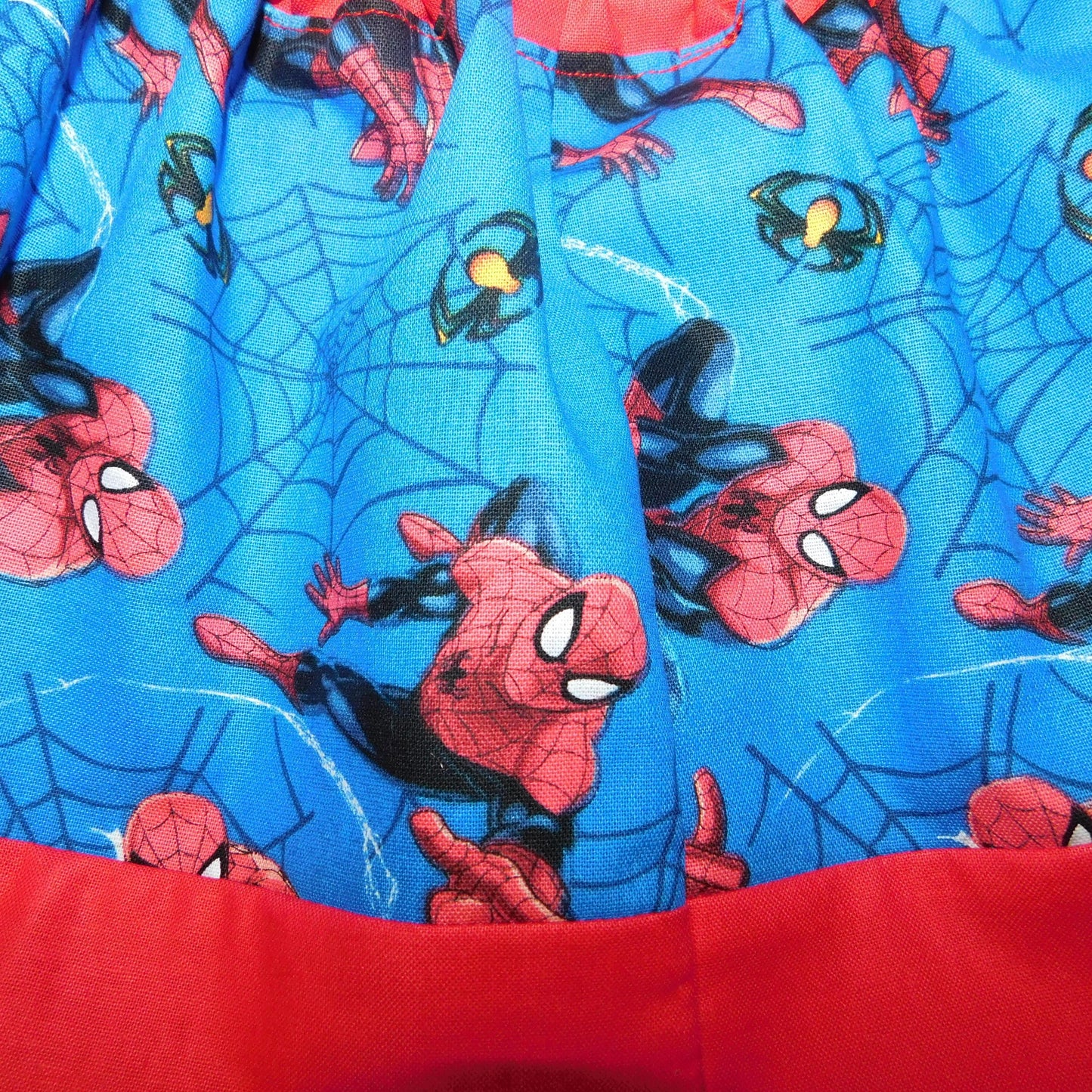 Skirt - High Waisted - Tadah Paper Bag Skirt, Toddler Webbed Superhero on Blue Background with Red Waist and Hemline