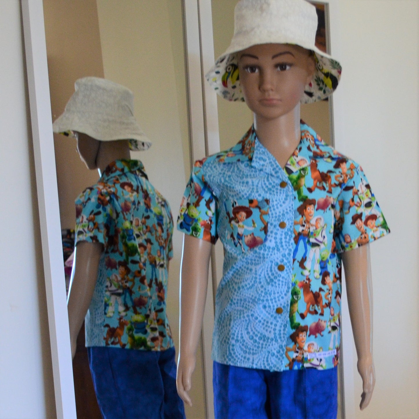 Shirt - Comic Characters on Light Blue with Contrasting Blue Spot Panel