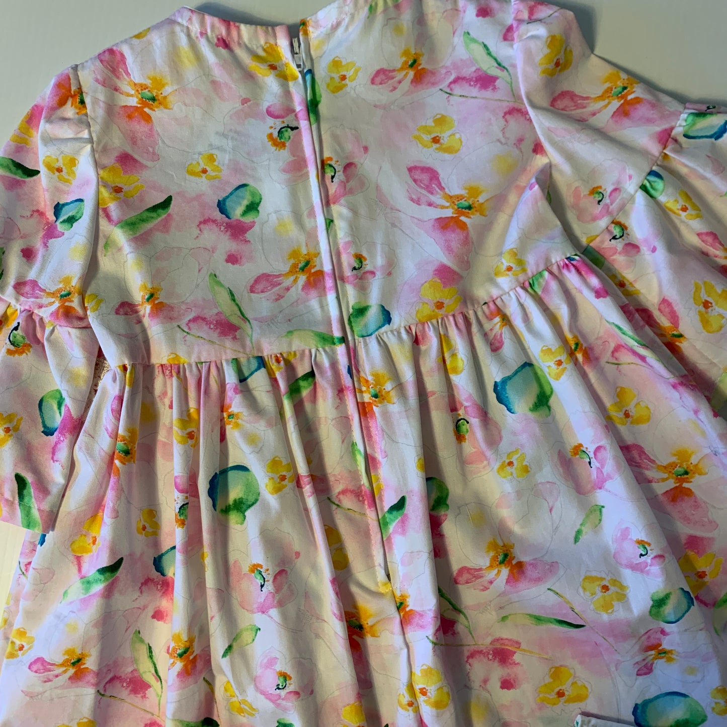 Dress - 3/4 Sleeve Floral Garden - Pink Tones, 3/4 Sleeve with Ruffle