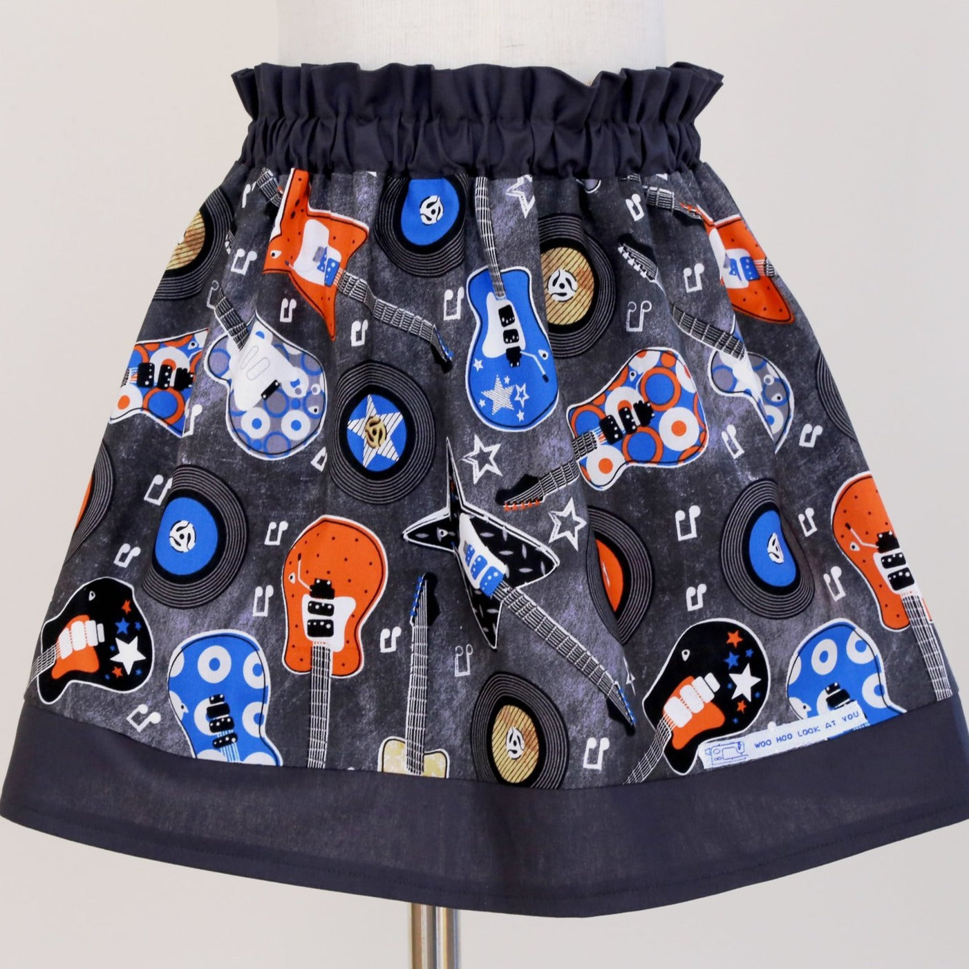 Skirt - High Waisted - Tadah Paper Bag Skirt Toddler Guitars and Records on Grey with Dark Grey Trim