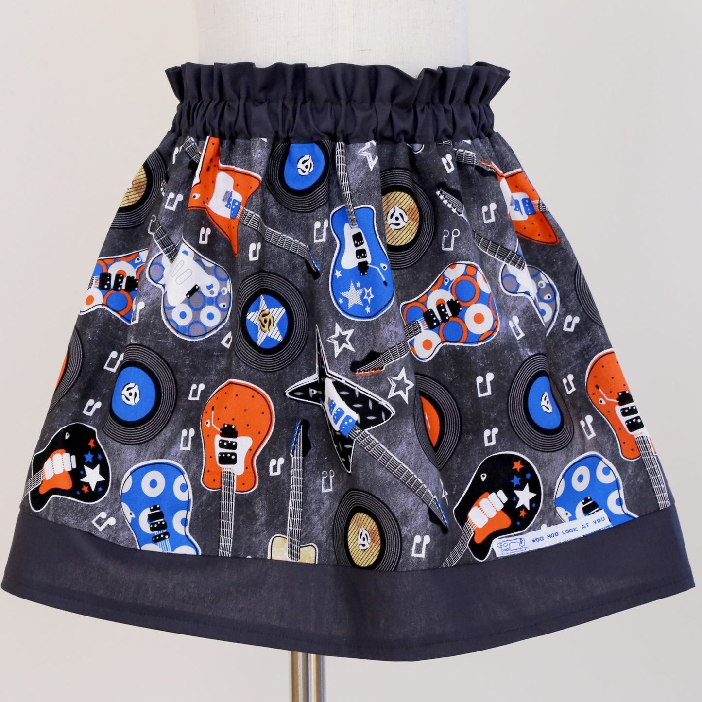 Skirt - High Waisted - Tadah Paper Bag Skirt Toddler Guitars and Records on Grey with Dark Grey Trim
