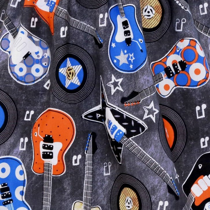 Skirt - High Waisted - Tadah Paper Bag Skirt Toddler Guitars and Records on Grey with Dark Grey Trim