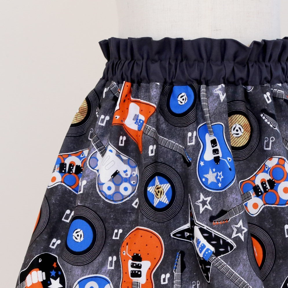 Skirt - High Waisted - Tadah Paper Bag Skirt Toddler Guitars and Records on Grey with Dark Grey Trim