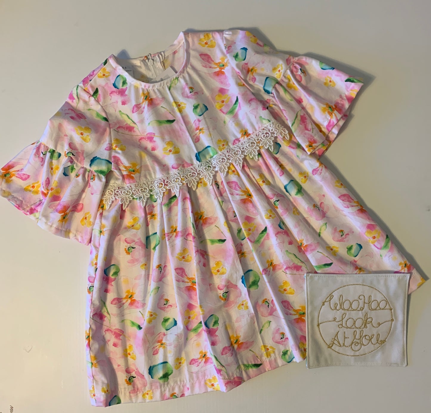Dress - 3/4 Sleeve Floral Garden - Pink Tones, 3/4 Sleeve with Ruffle