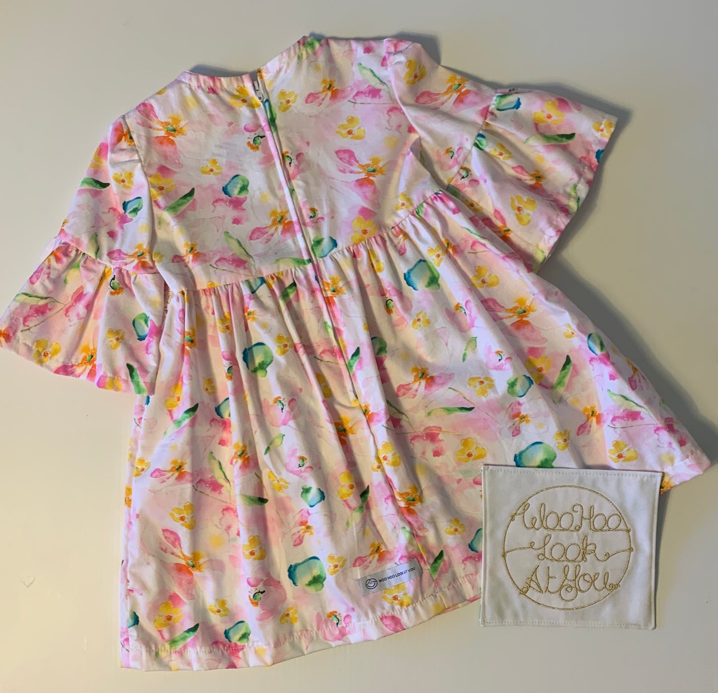 Dress - 3/4 Sleeve Floral Garden - Pink Tones, 3/4 Sleeve with Ruffle