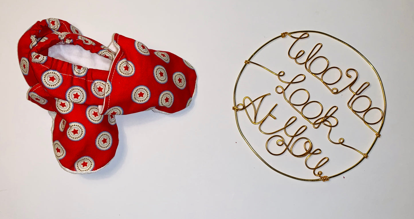 2 Piece Set - Skirt & Slip Ons - Red Stars in Circles on Red