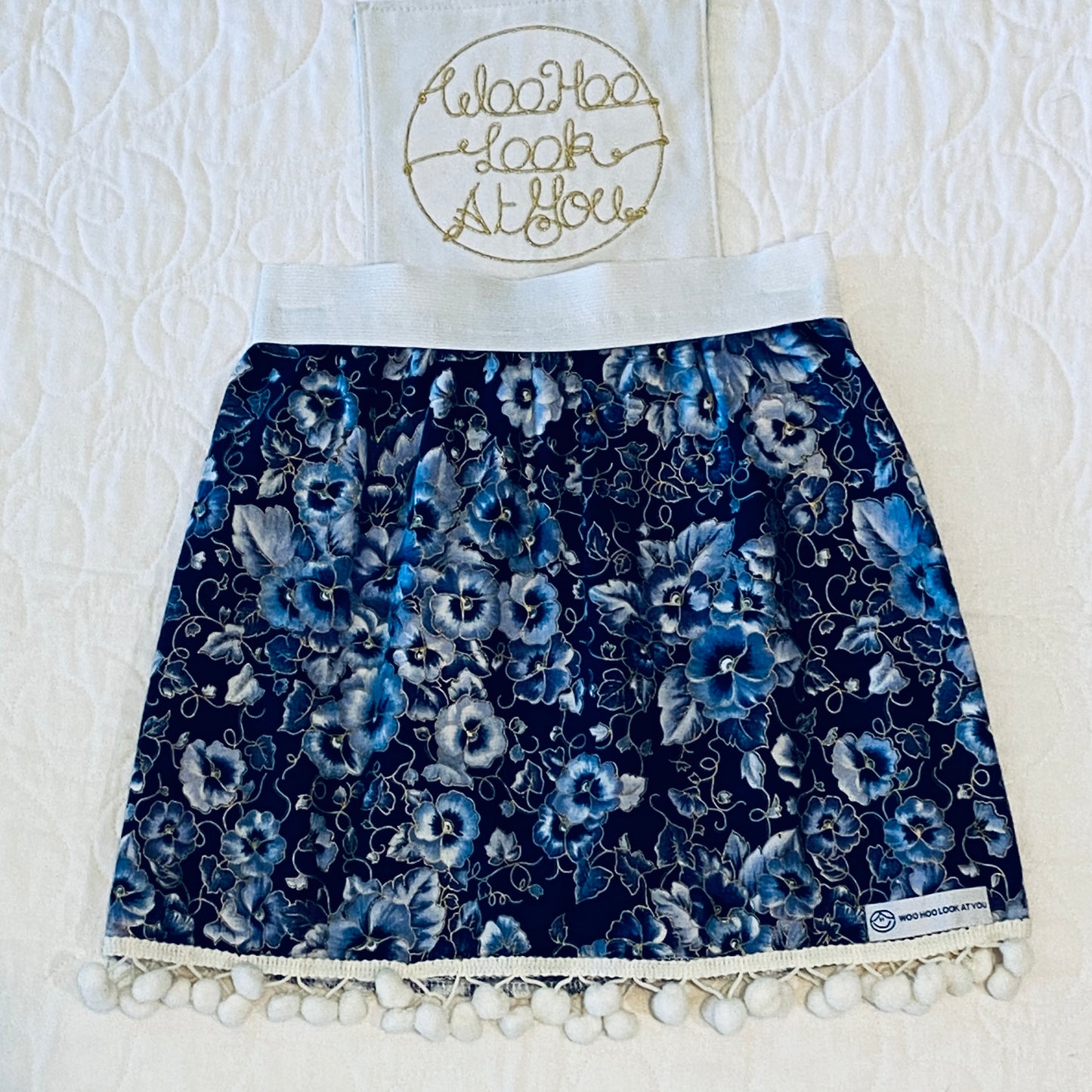 Skirt - Added Elastic Waistband, Pretty Pansies on Navy Blue Background, Pom Poms Hem