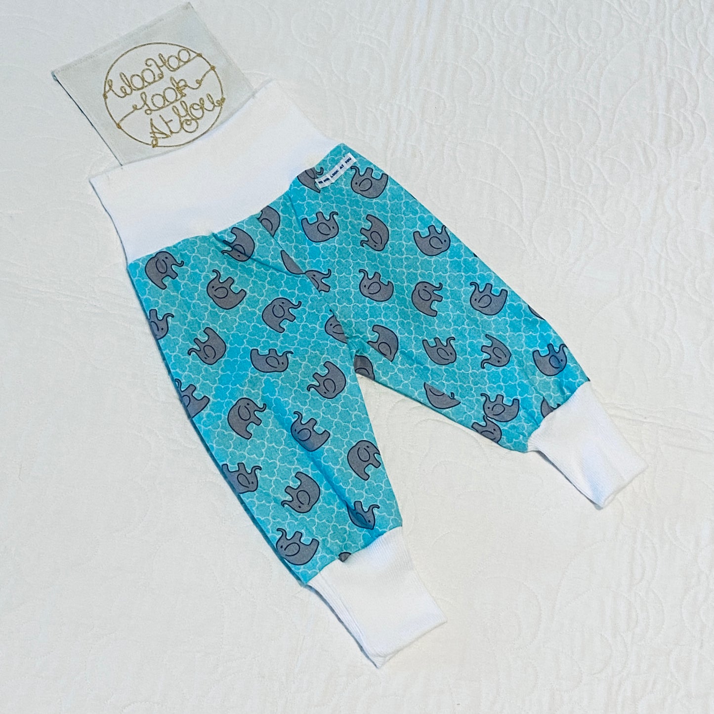 Pants - Harem - Ribbed Waist - Elephants on Teal with White Bands