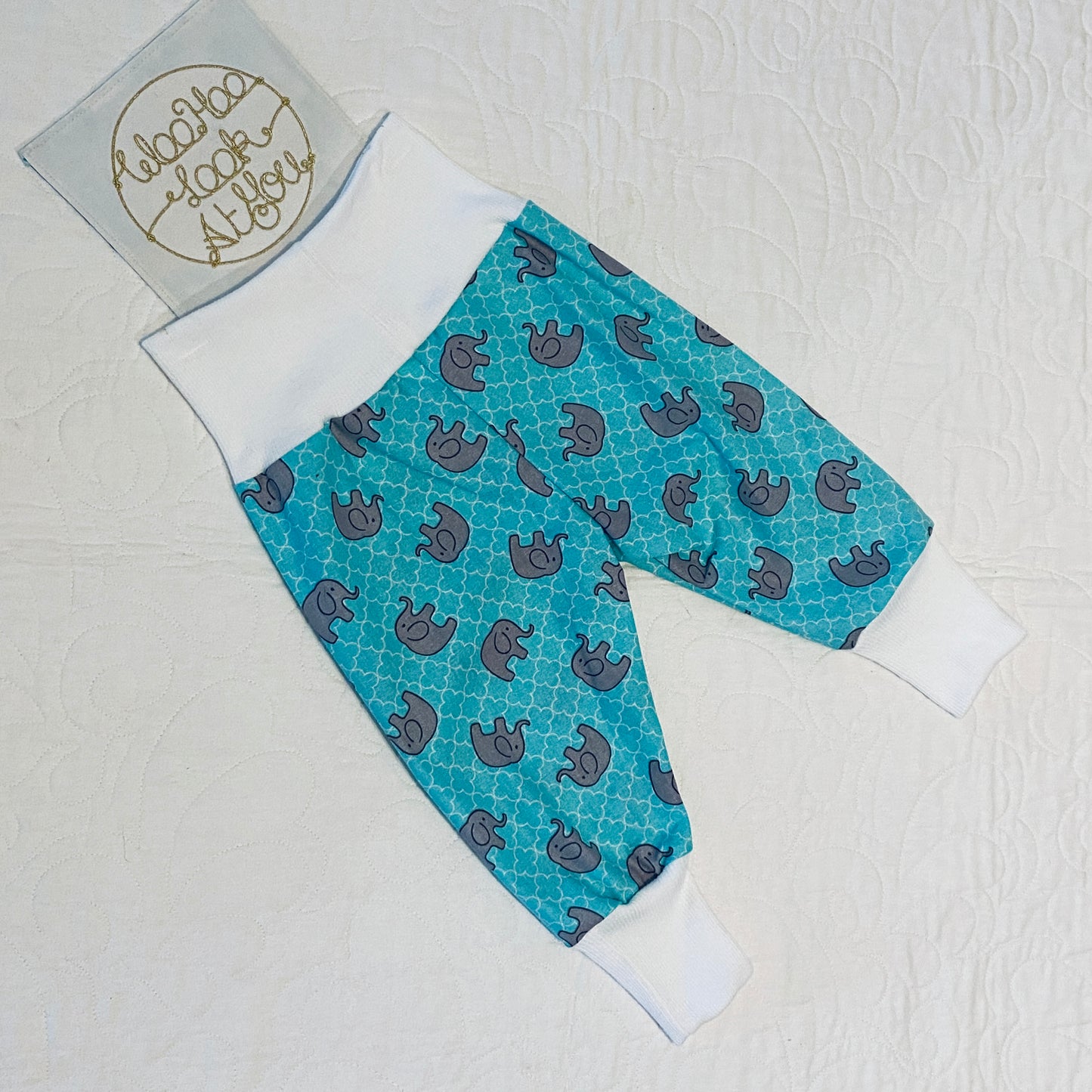 Pants - Harem - Ribbed Waist - Elephants on Teal with White Bands