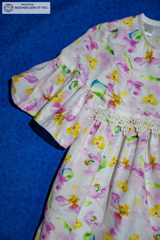 Dress - 3/4 Sleeve Floral Garden - Pink Tones, 3/4 Sleeve with Ruffle