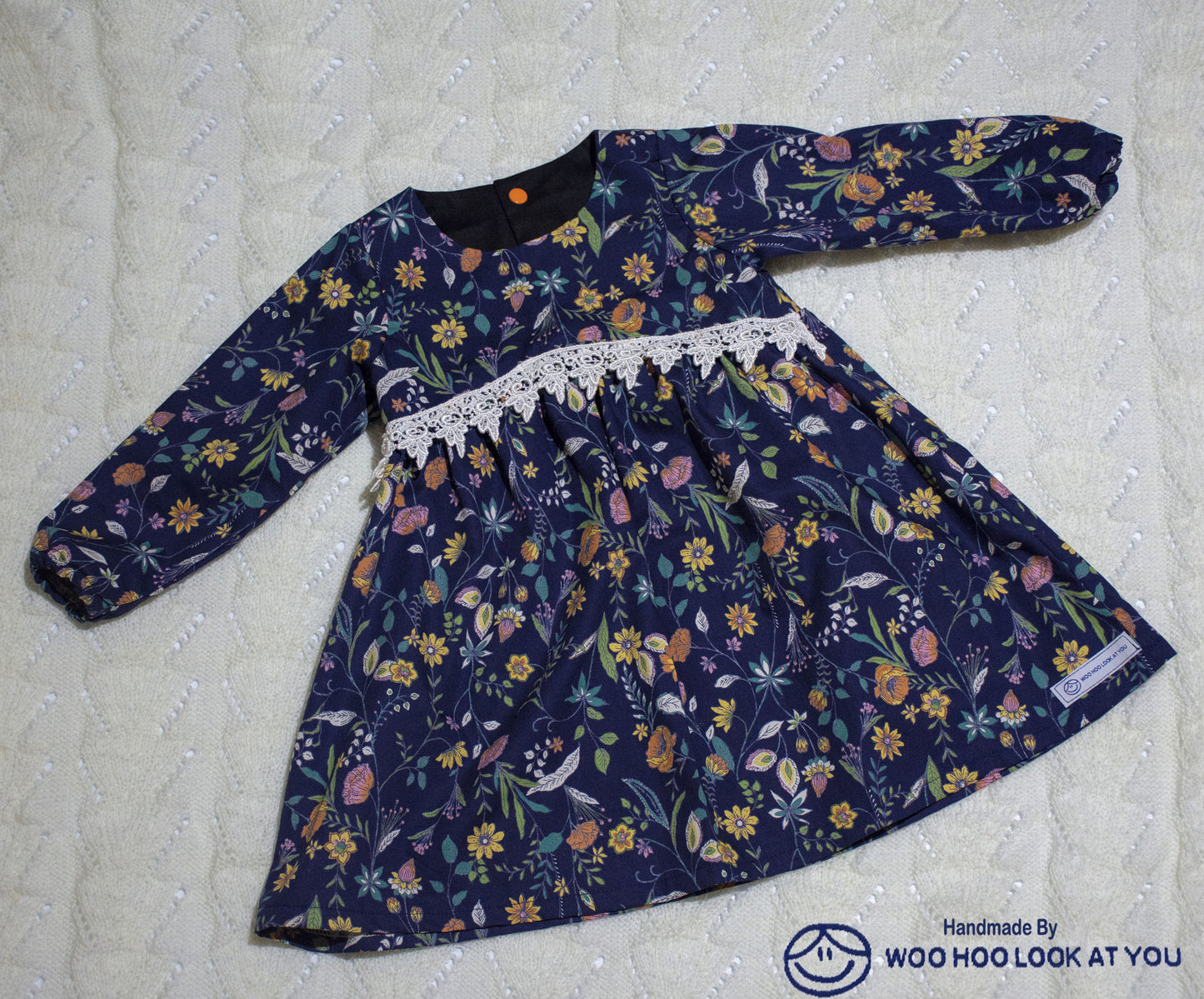 Dress - Long Sleeved Navy Gathered Flowers