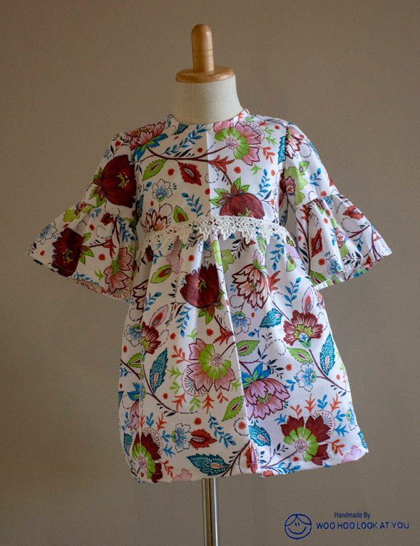 Dress - 3/4 Sleeve Floral Garden - Paisley Pattern, 3/4 Sleeve with Ruffle