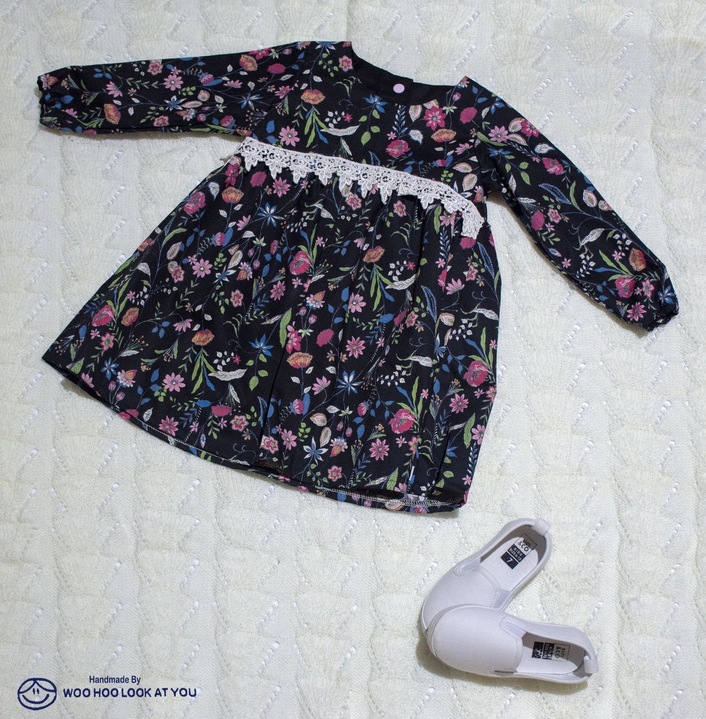 Dress - Long Sleeved Black Seasonal Flowers