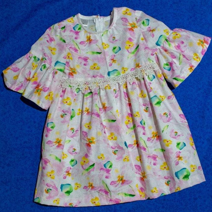 Dress - 3/4 Sleeve Floral Garden - Pink Tones, 3/4 Sleeve with Ruffle