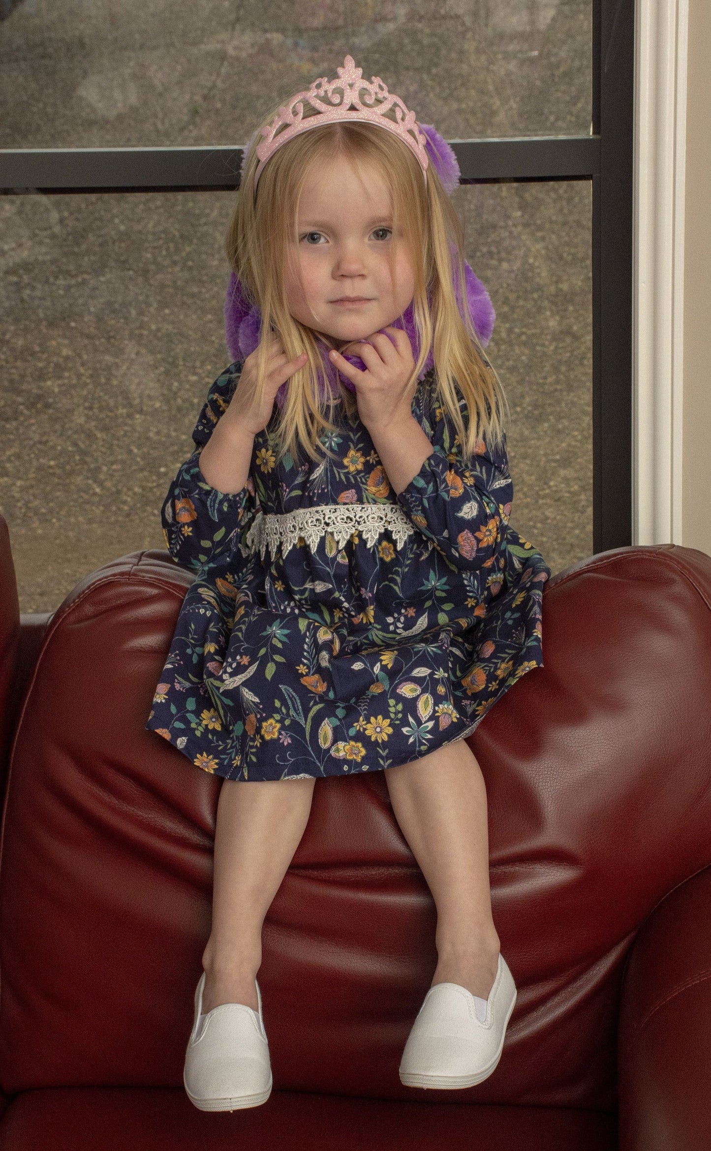 Dress - Long Sleeved Navy Gathered Flowers