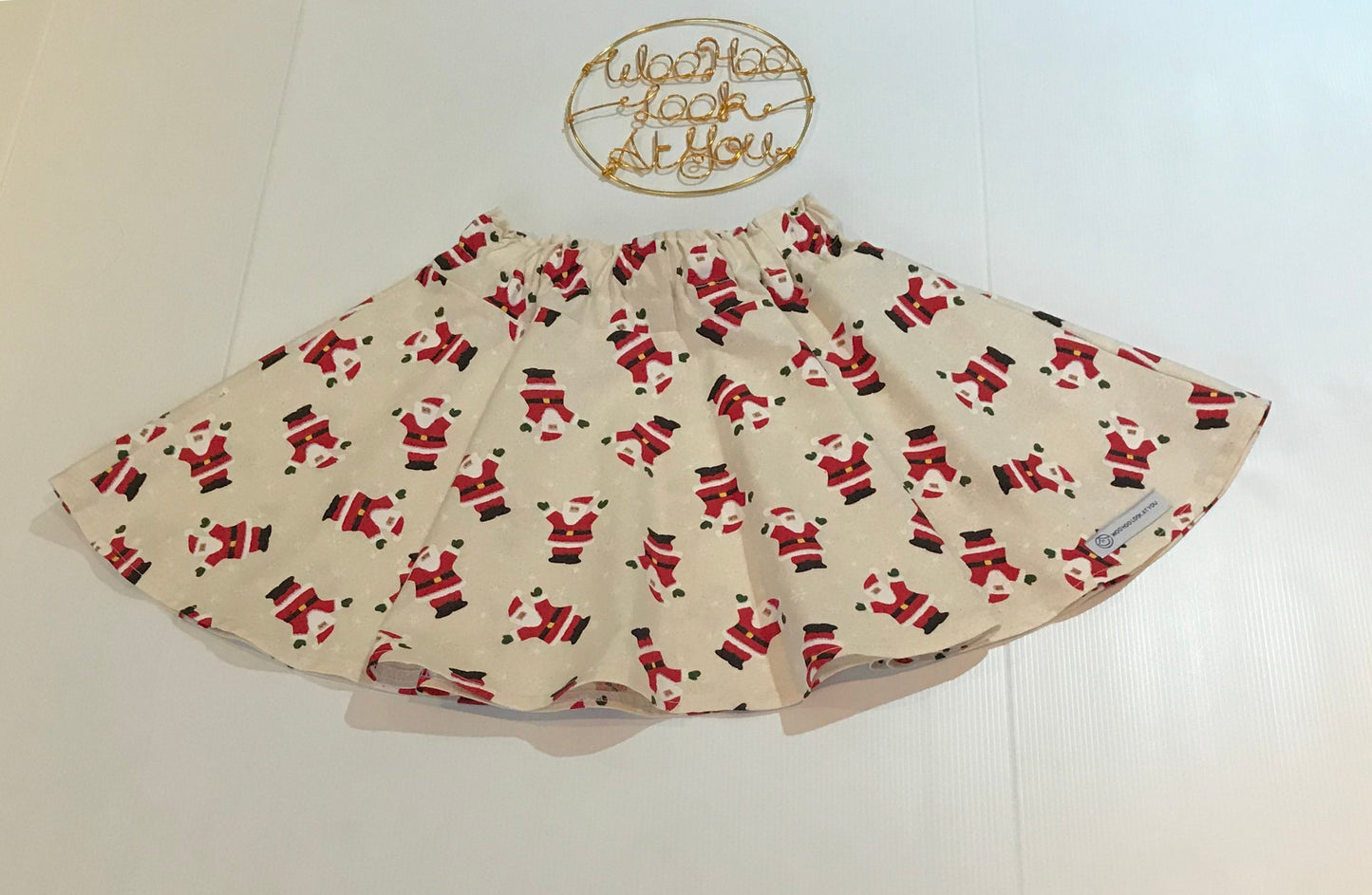 Skirt - Christmas - Elastic Waist, Dancing Santas on Cream Background