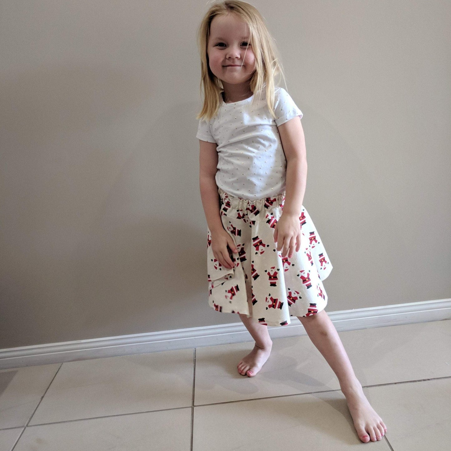 Skirt - Christmas - Elastic Waist, Dancing Santas on Cream Background