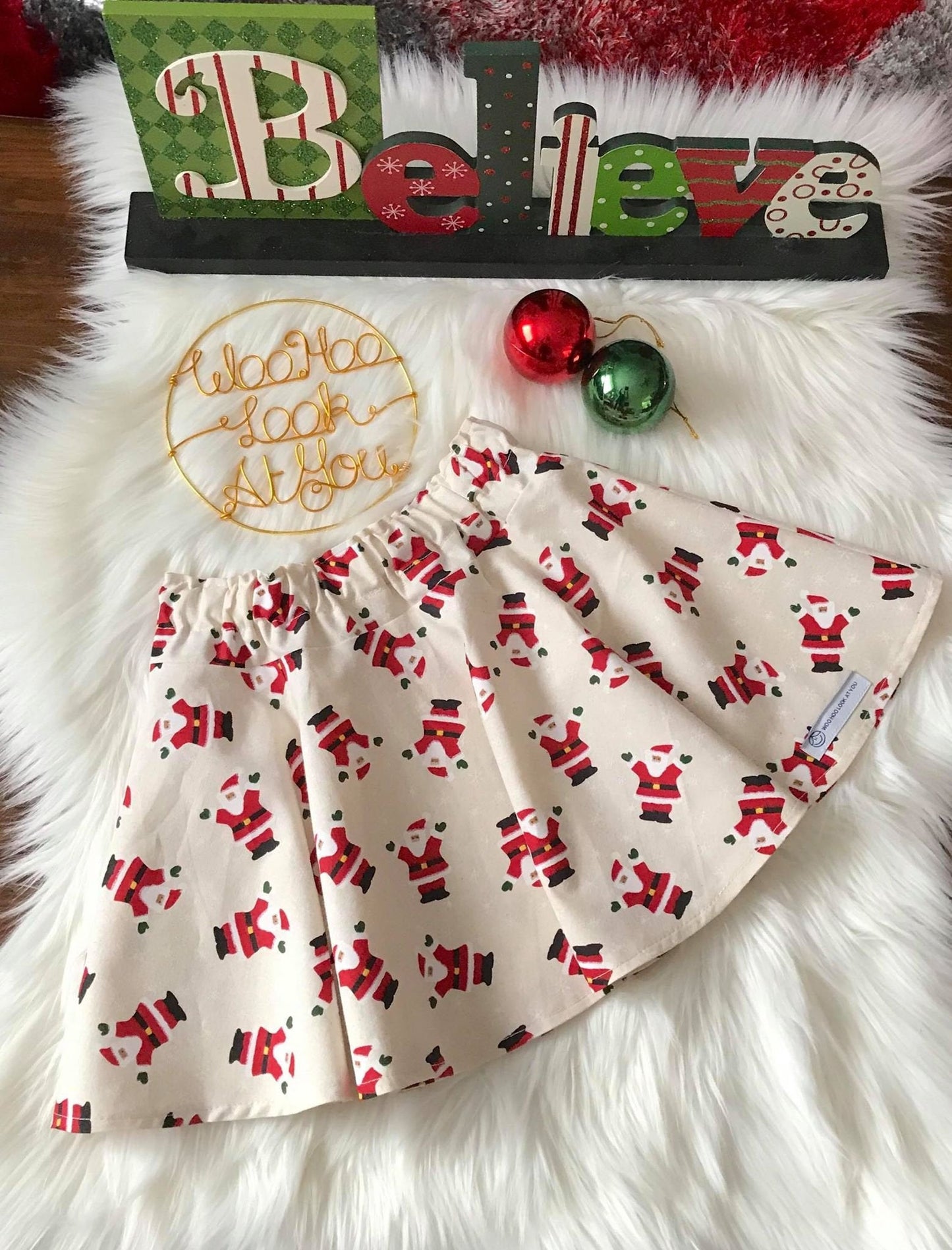 Skirt - Christmas - Elastic Waist, Dancing Santas on Cream Background