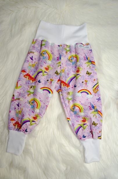 Pants - Harem - Ribbed Waist - Pink Fairies & Rainbows with White Bands