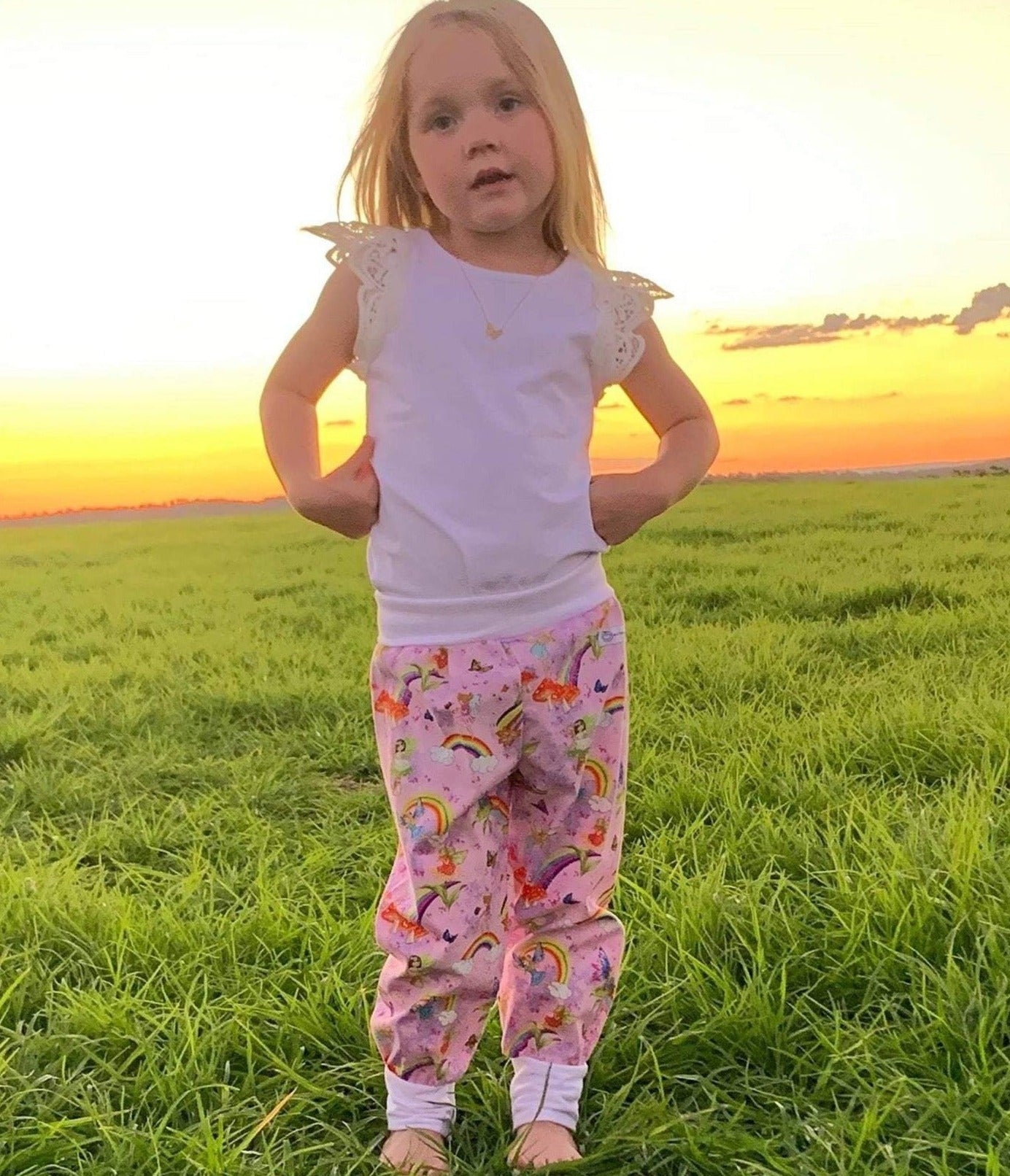 Pants - Harem - Ribbed Waist - Pink Fairies & Rainbows with White Bands