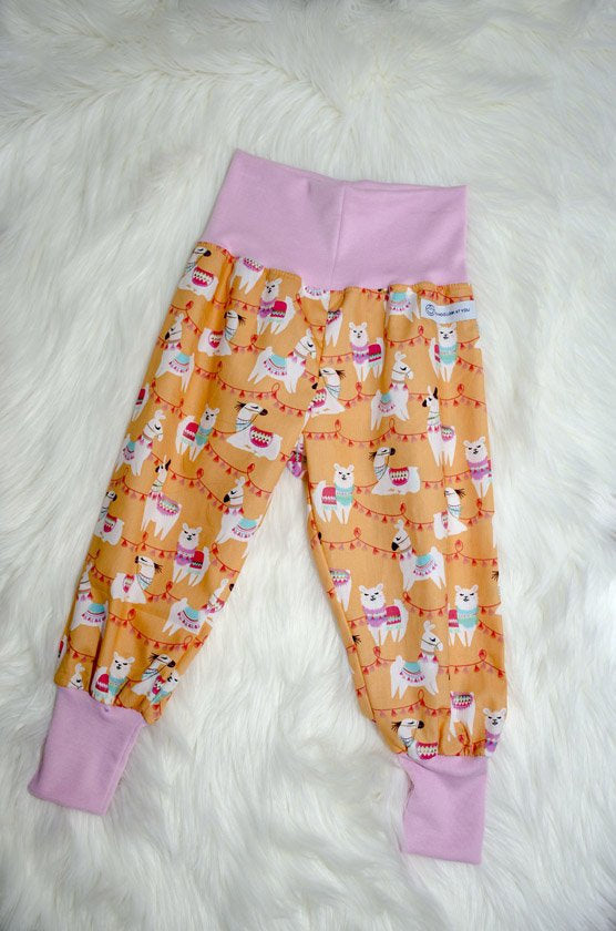 Pants - Harem - Ribbed Waist - Orange Llamas with Pink Bands