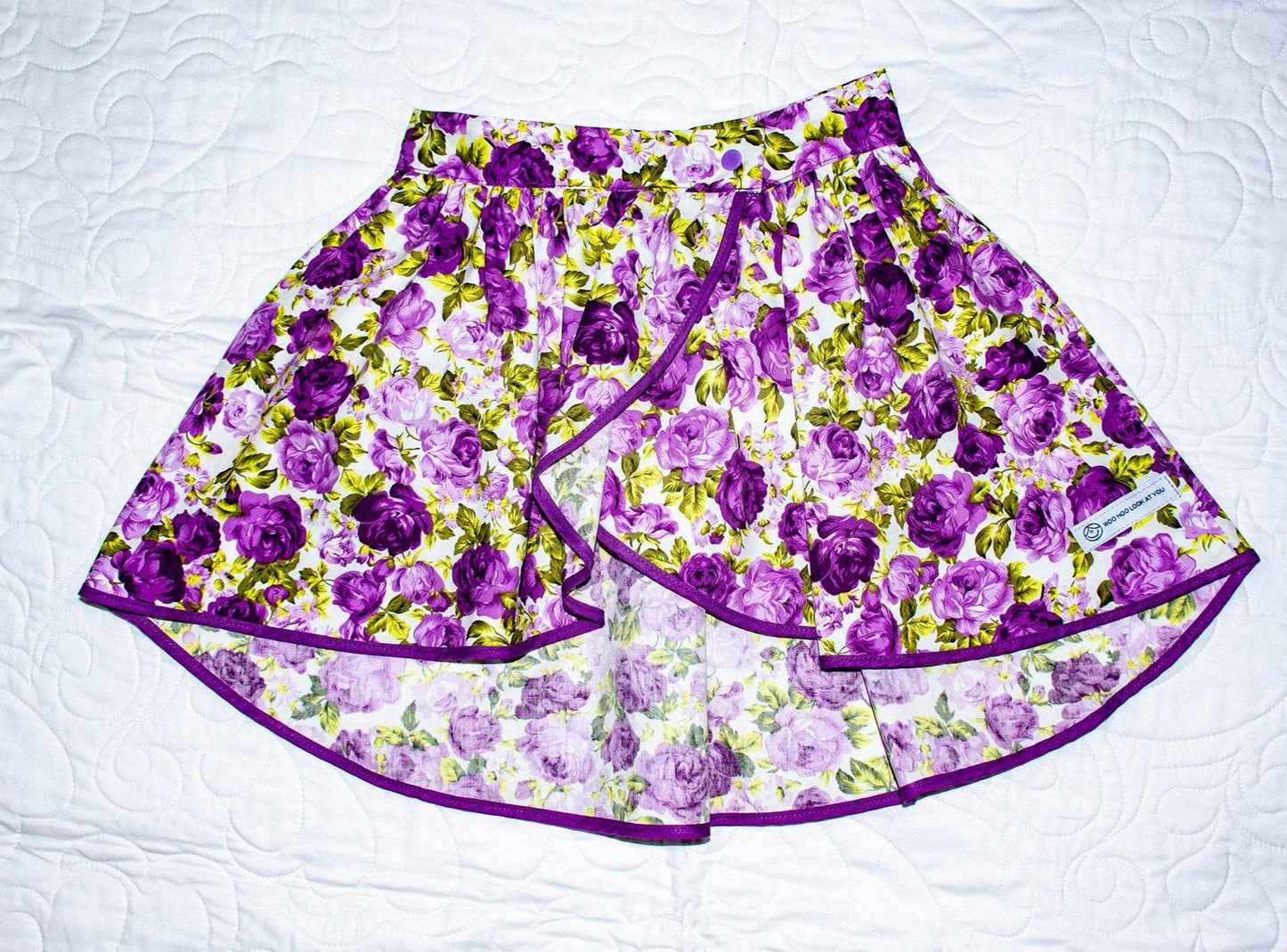 Skirt - Wrap - Tadah Tulip Skirt- Purple and Lilac Peony Roses on White