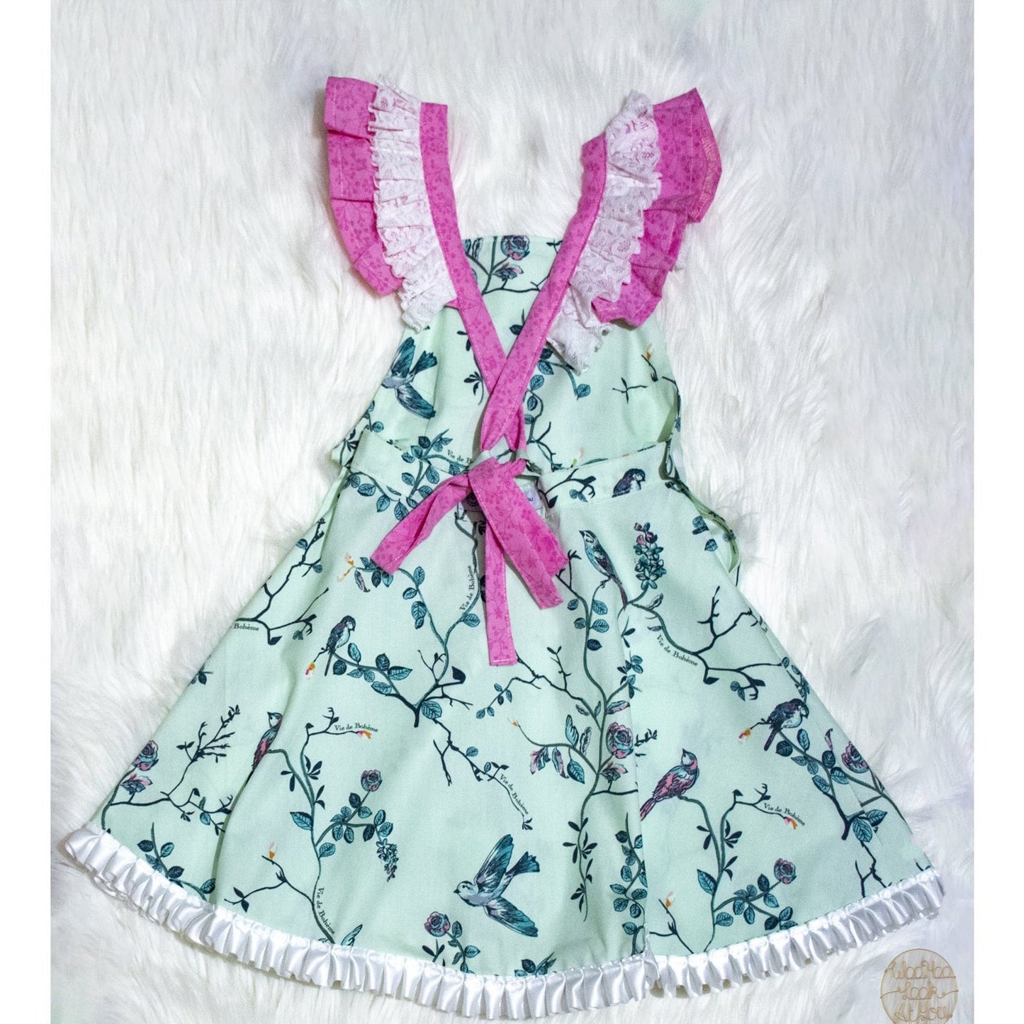 Dress - Pinafore - Birds on green background with White Satin Trim