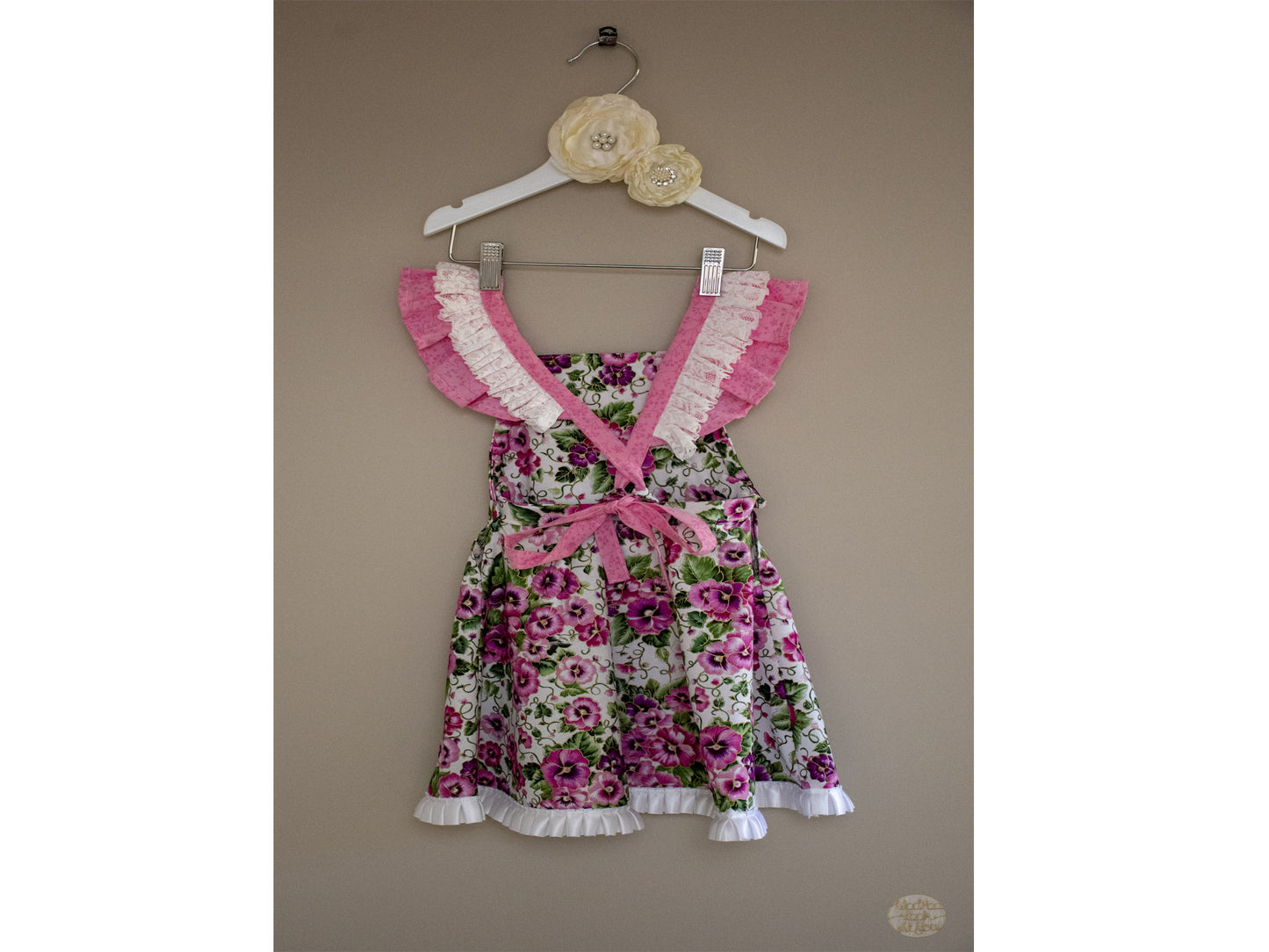 Dress - Pinafore - Pink and Purple Pansies on White with White Satin Trim