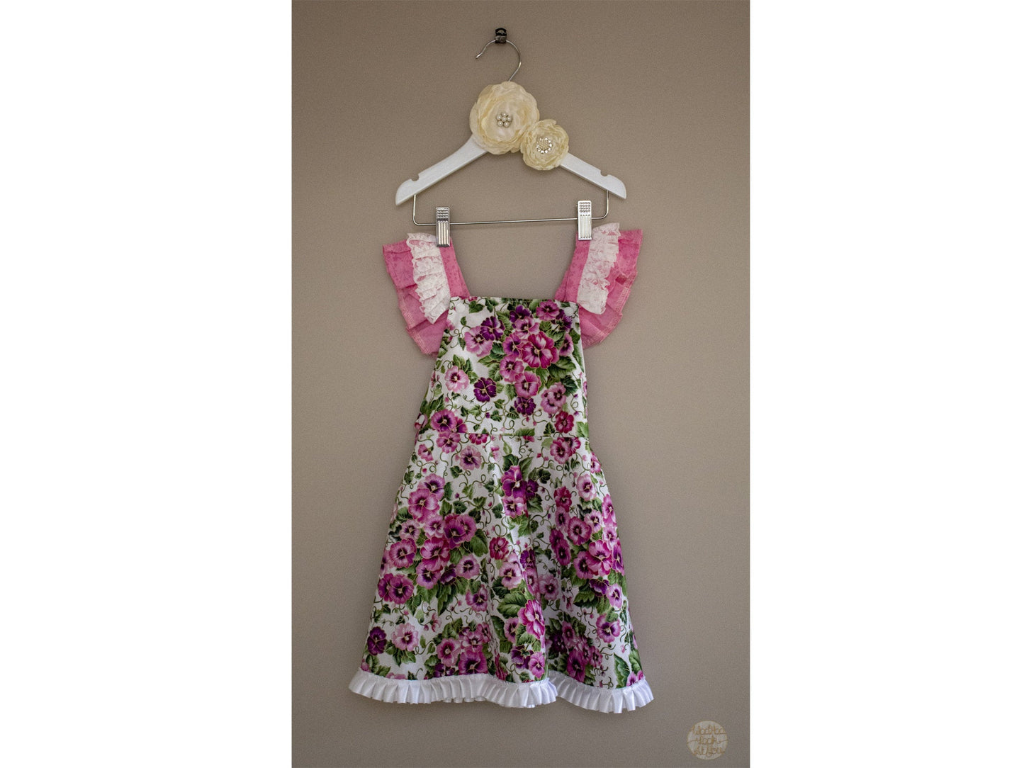 Dress - Pinafore - Pink and Purple Pansies on White with White Satin Trim