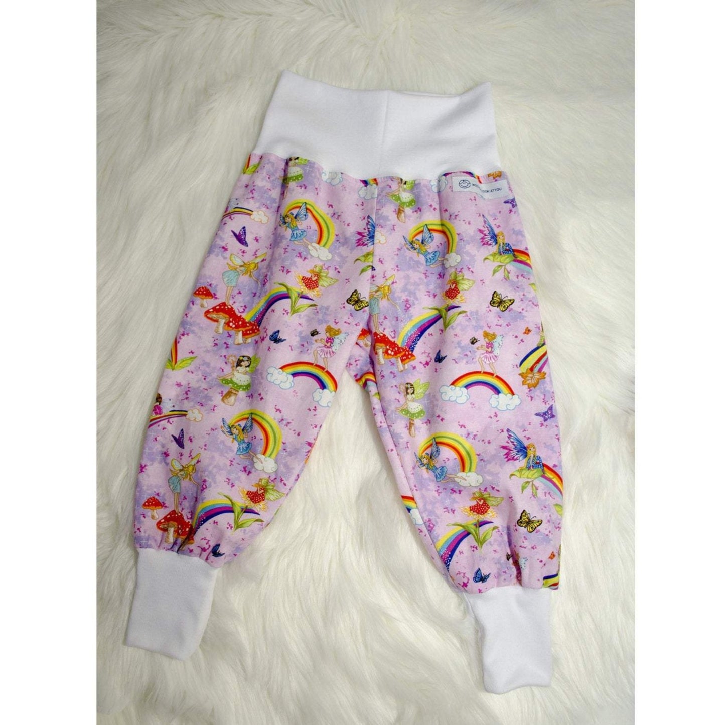 Pants - Harem - Ribbed Waist - Pink Fairies & Rainbows with White Bands