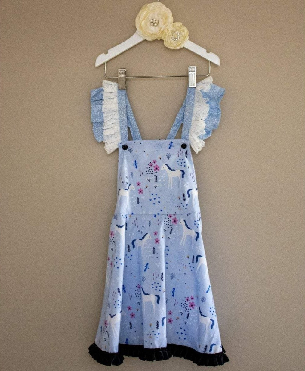 Dress - Pinafore - Ponies on Pale Blue with Pink Flowers - Black Satin Trim