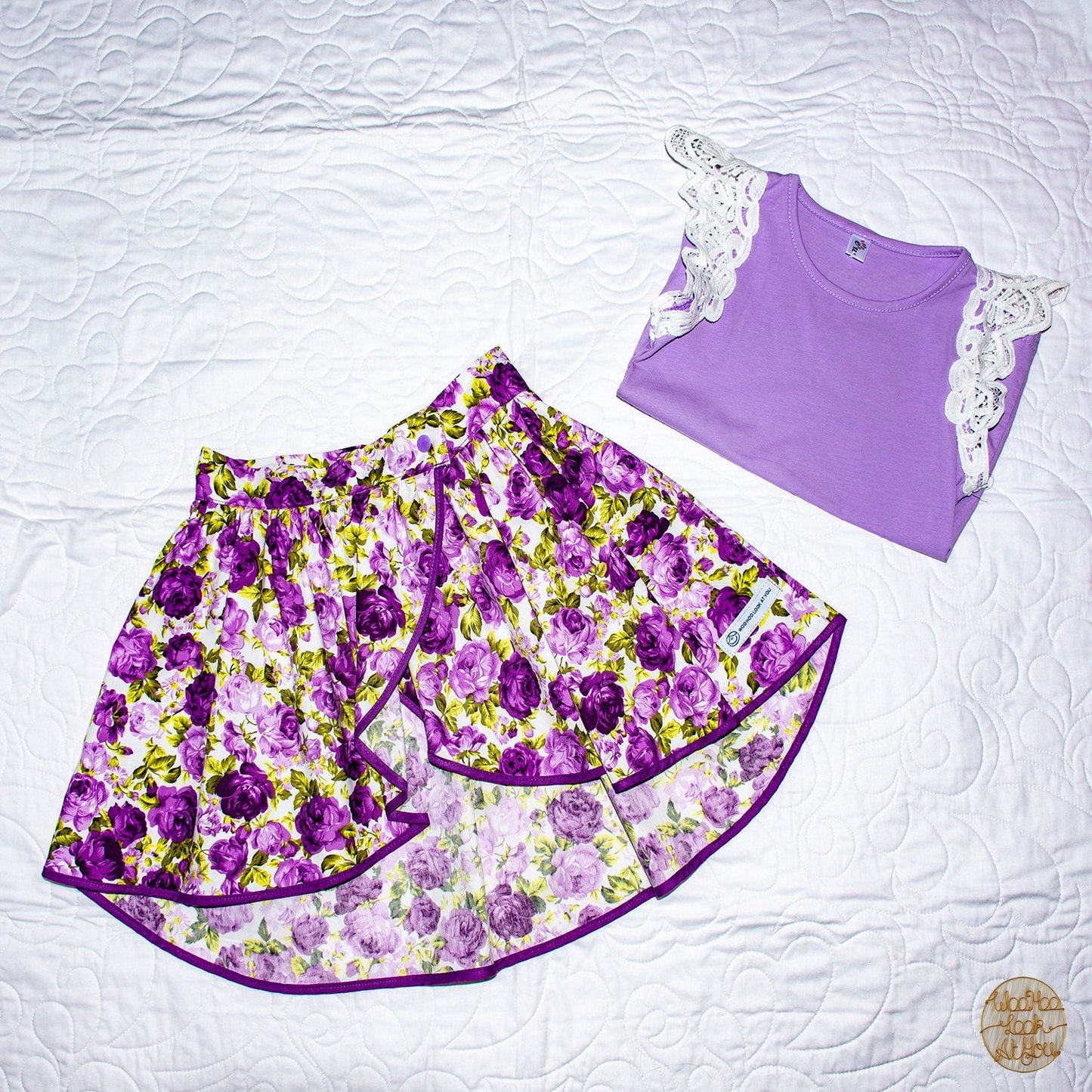 Skirt - Wrap - Tadah Tulip Skirt- Purple and Lilac Peony Roses on White