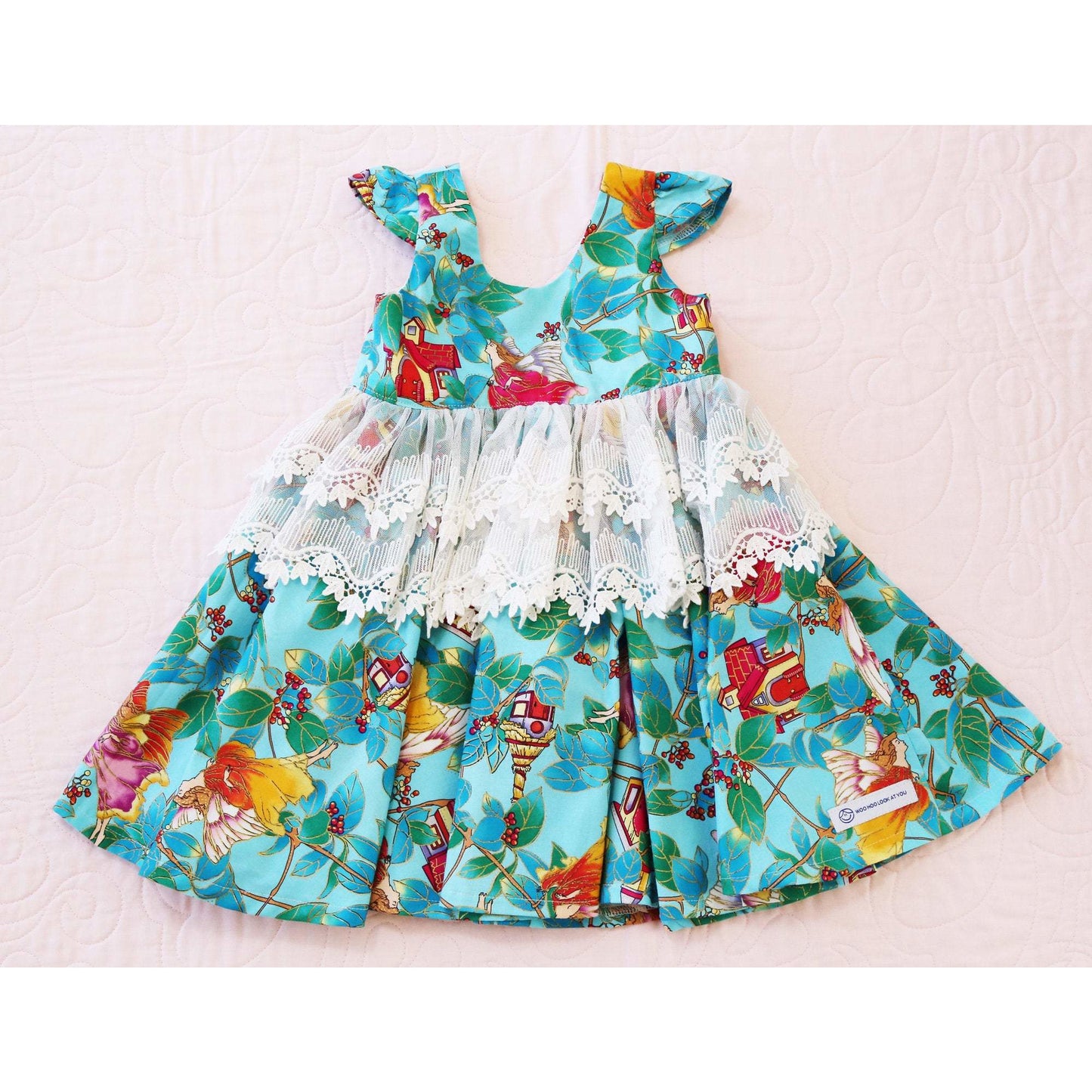 Dress - Capped Sleeves, Fairies on Teal Fabric, Lace on Waistline