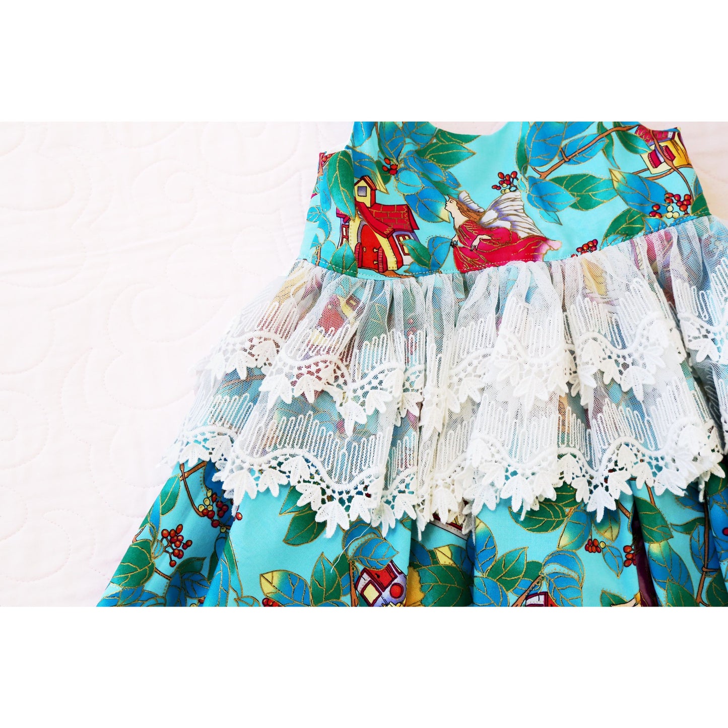Dress - Capped Sleeves, Fairies on Teal Fabric, Lace on Waistline