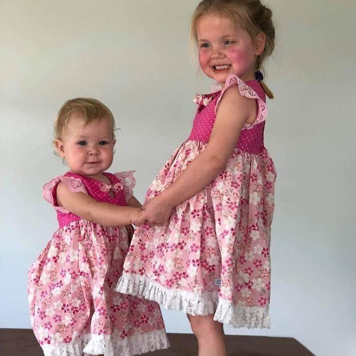 Dress - Maddie - Bright Pink Bodice, Pink Frangipani Skirt with Light Pink Lace Flutters and Lace/Pom Pom Hemline