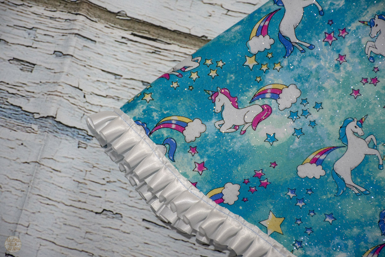 Dress - Pinafore - White Dancing Unicorns on Electric Blue with White Satin Trim