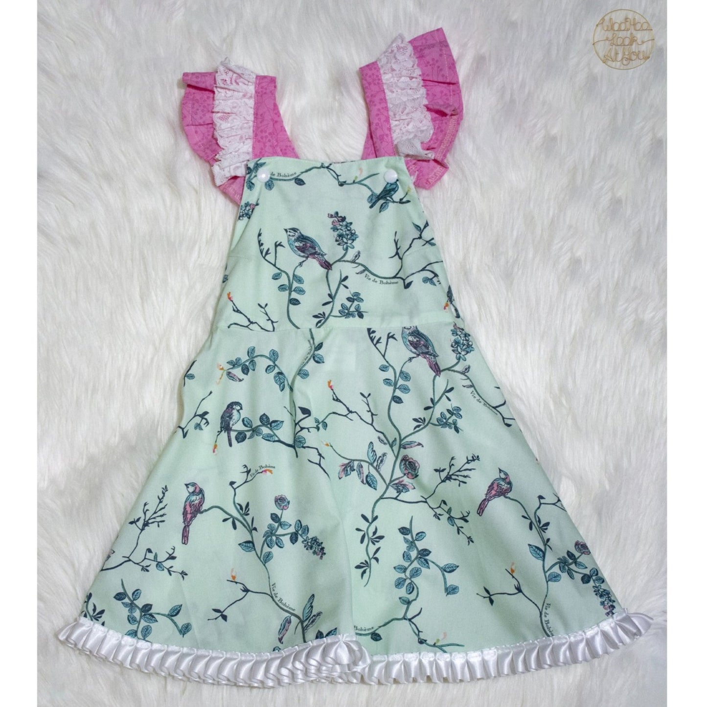 Dress - Pinafore - Birds on green background with White Satin Trim