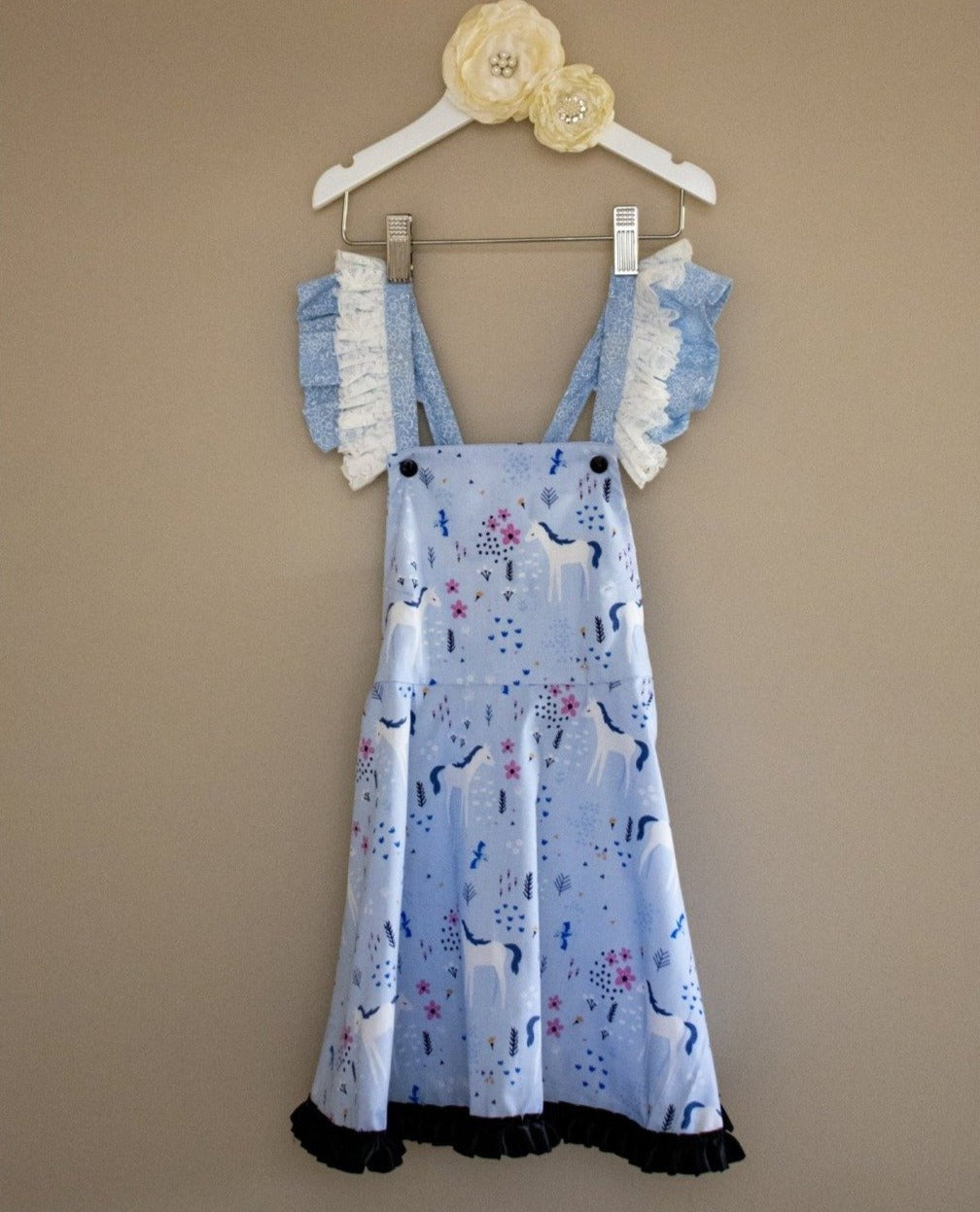Dress - Pinafore - Ponies on Pale Blue with Pink Flowers - Black Satin Trim