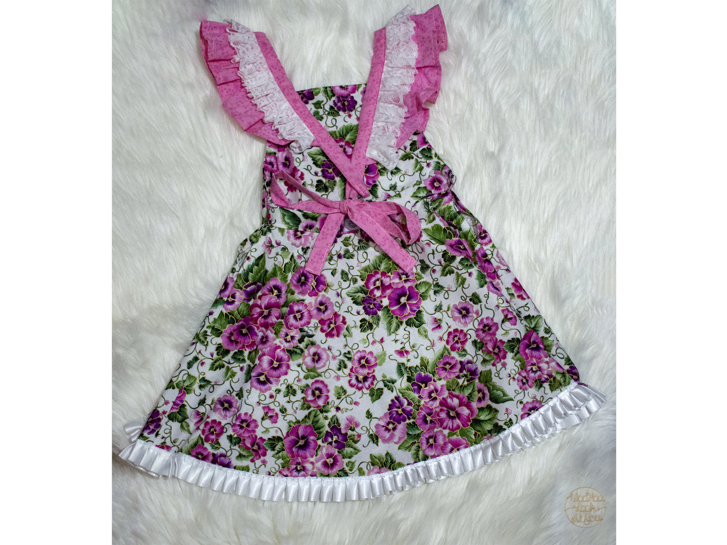 Dress - Pinafore - Pink and Purple Pansies on White with White Satin Trim
