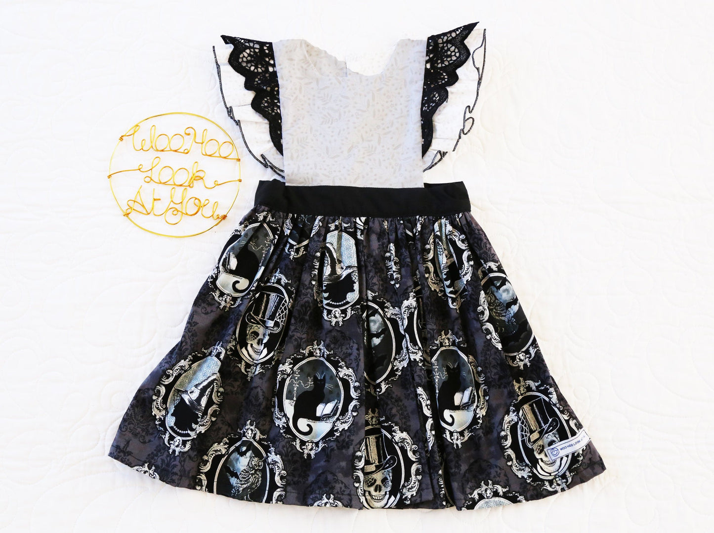 Dress - Halloween - Emma Polly Black Skull Portraits Black Cats with Lace Flutter