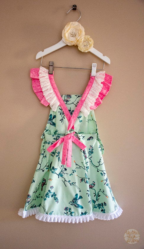 Dress - Pinafore - Birds on green background with White Satin Trim