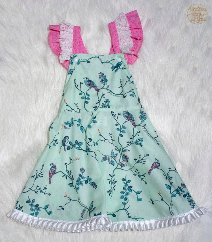 Dress - Pinafore - Birds on green background with White Satin Trim