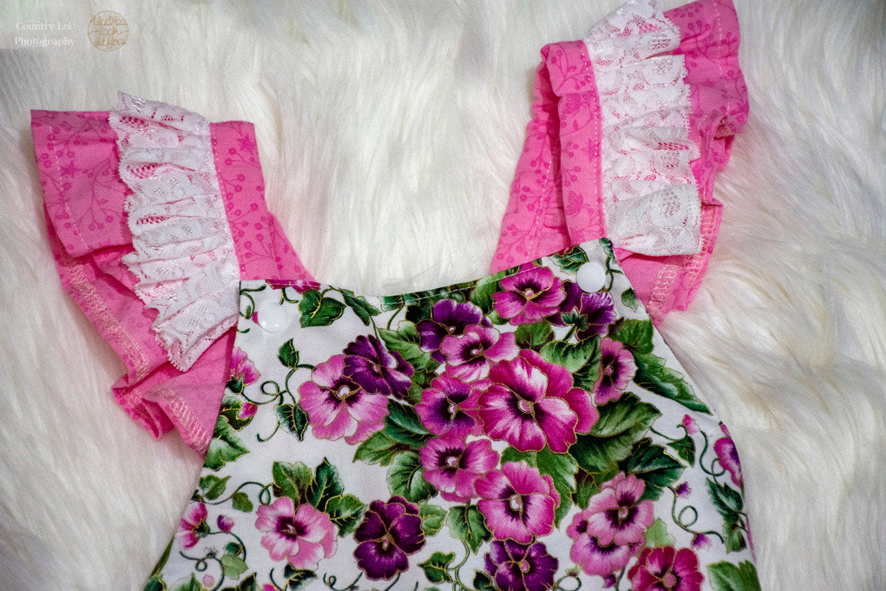 Dress - Pinafore - Pink and Purple Pansies on White with White Satin Trim